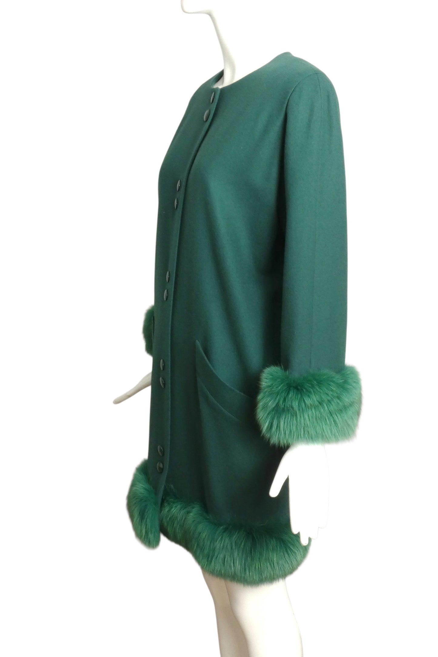 PIERRE CARDIN (HAUTE COUTURE) - 1990 Green Worsted Wool Fur Trimmed Coat, Size 12