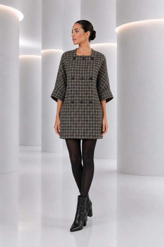 2000 Grey Wool Plaid Coat, Size 10