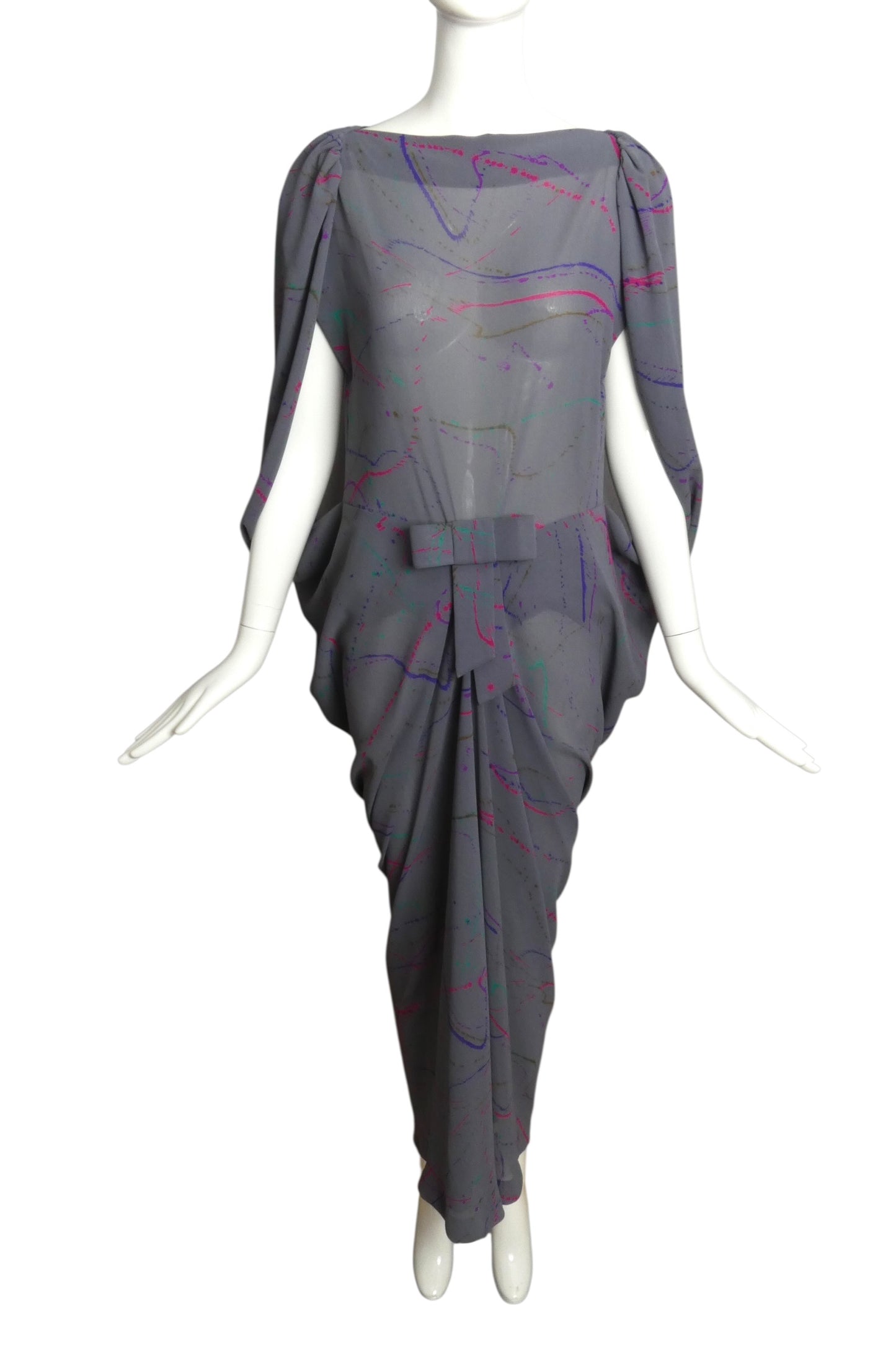 1988 Grey Printed Silk Evening Dress, Size 6