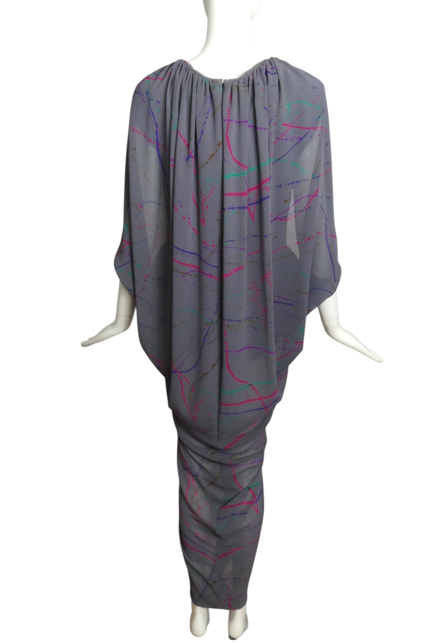 1988 Grey Printed Silk Evening Dress, Size 6