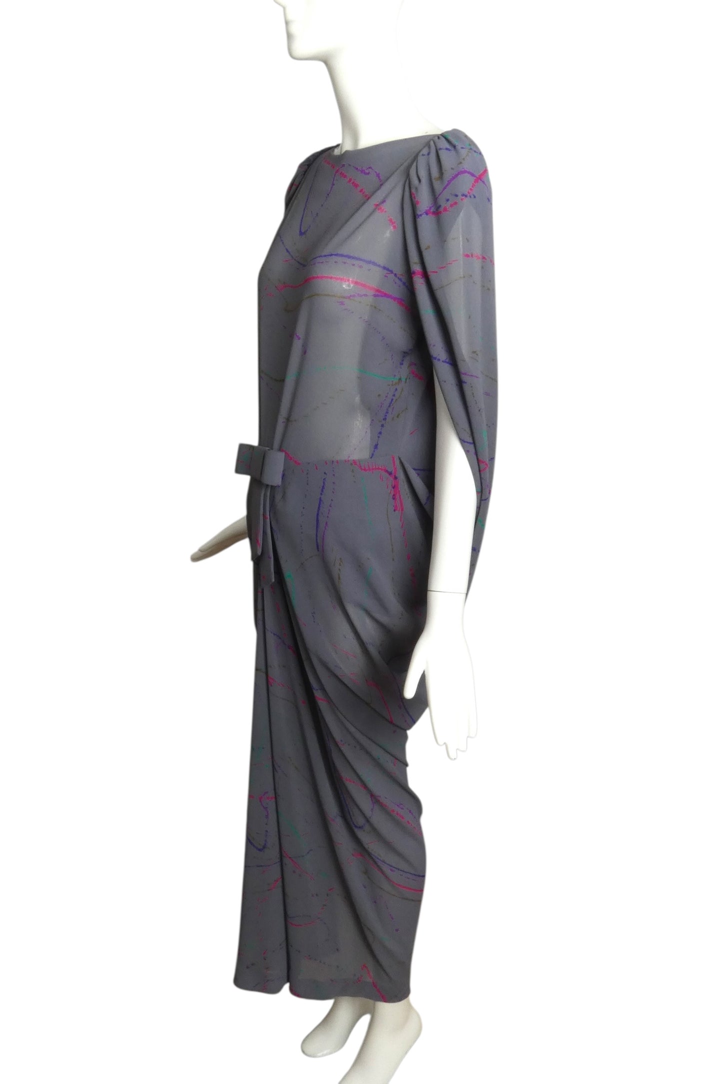 1988 Grey Printed Silk Evening Dress, Size 6