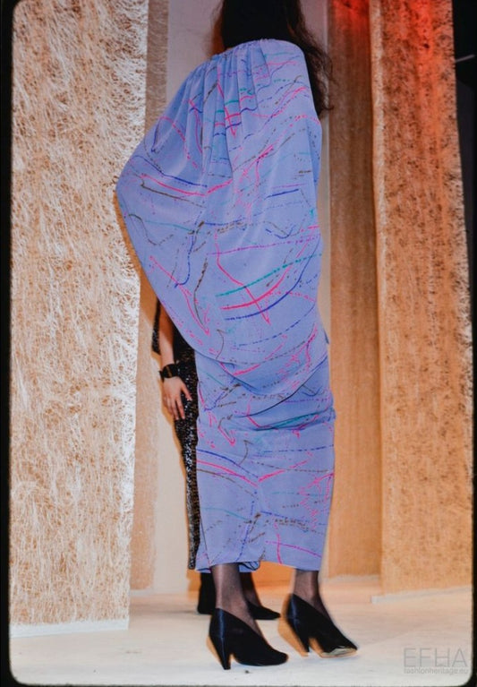 1988 Grey Printed Silk Evening Dress, Size 6