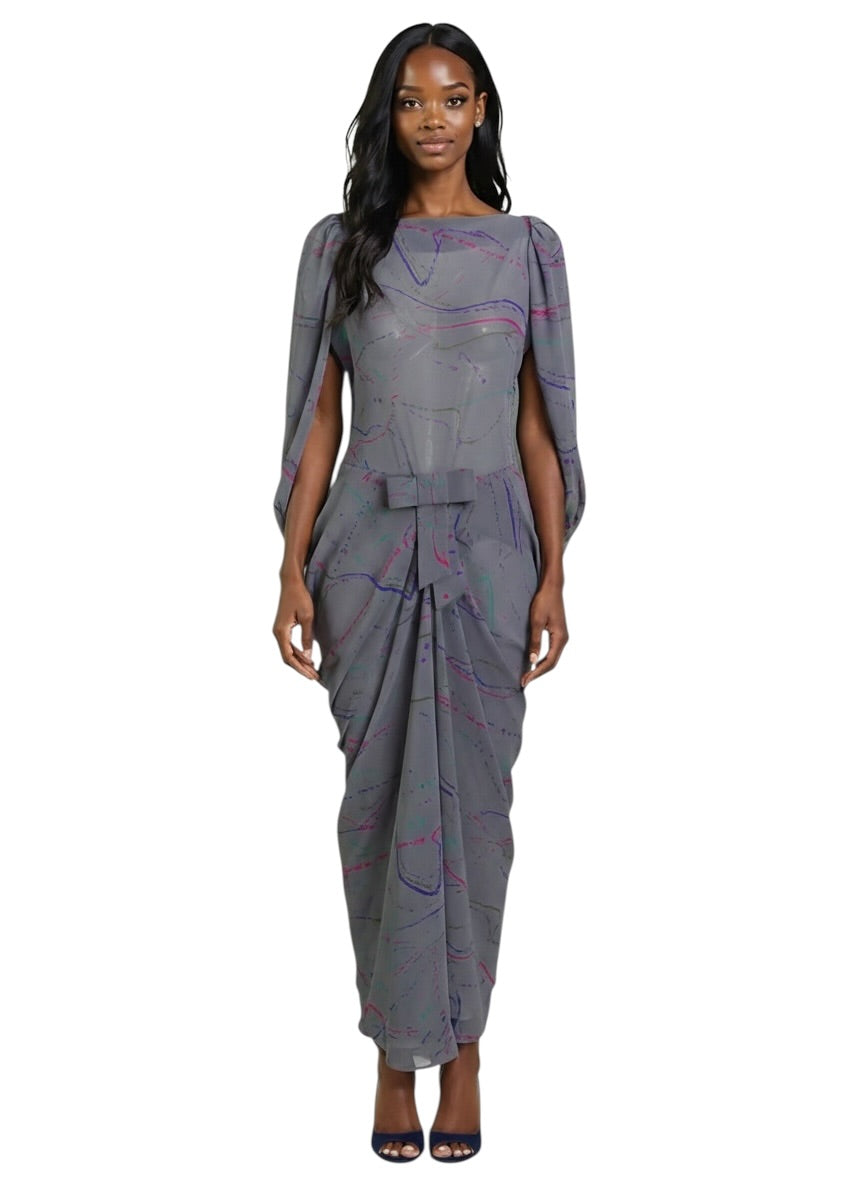1988 Grey Printed Silk Evening Dress, Size 6