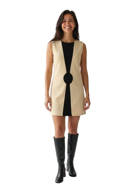 2004 Ivory & Black Wool Knit Shift Dress, Size 8