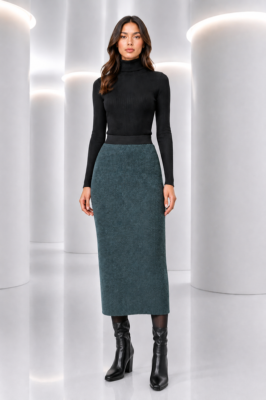 1980 Green Wool Ribbed Knit Skirt, Size 4