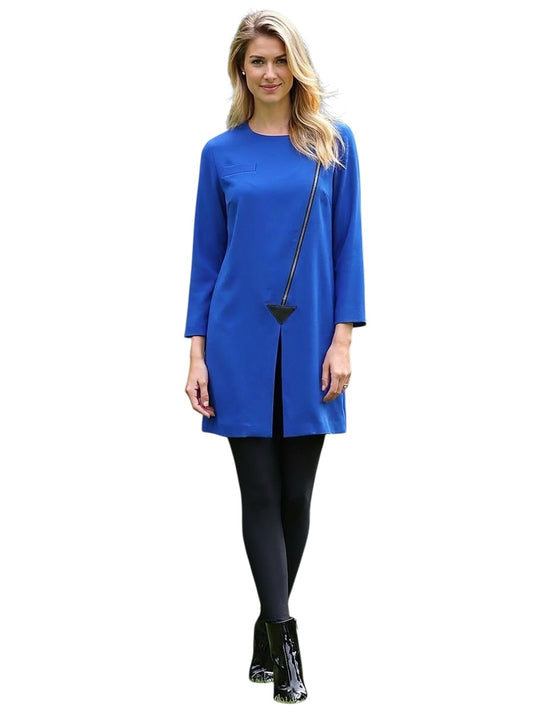 1985 Blue Crepe Diagonal Zipper Dress, Size 12