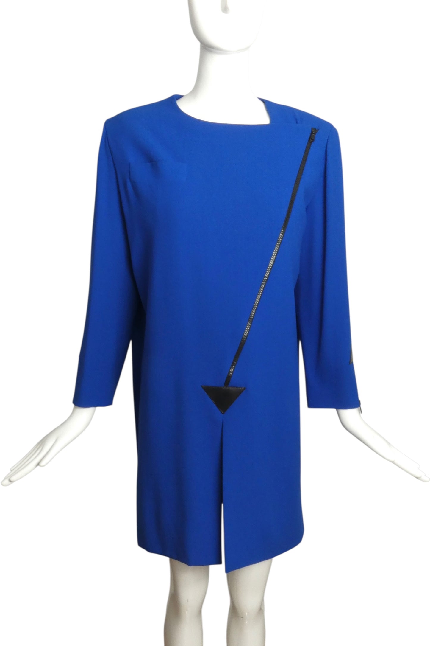 1985 Blue Crepe Diagonal Zipper Dress, Size 12