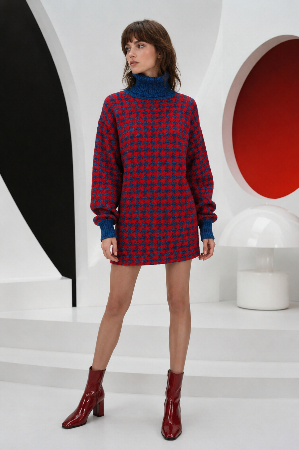 PIERRE CARDIN - 1990 Red & Blue Sweater Knit Dress, Size 6