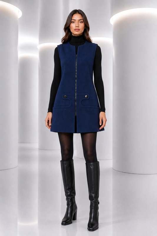 1990 Navy Wool Zip Front Coat, Size 6