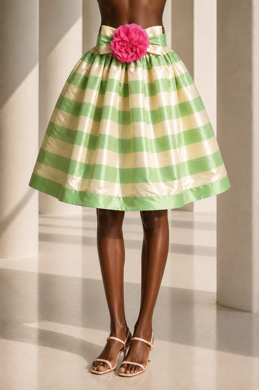 PIERRE CARDIN - 1992 Green & White Stripe Taffeta Skirt, Size 6