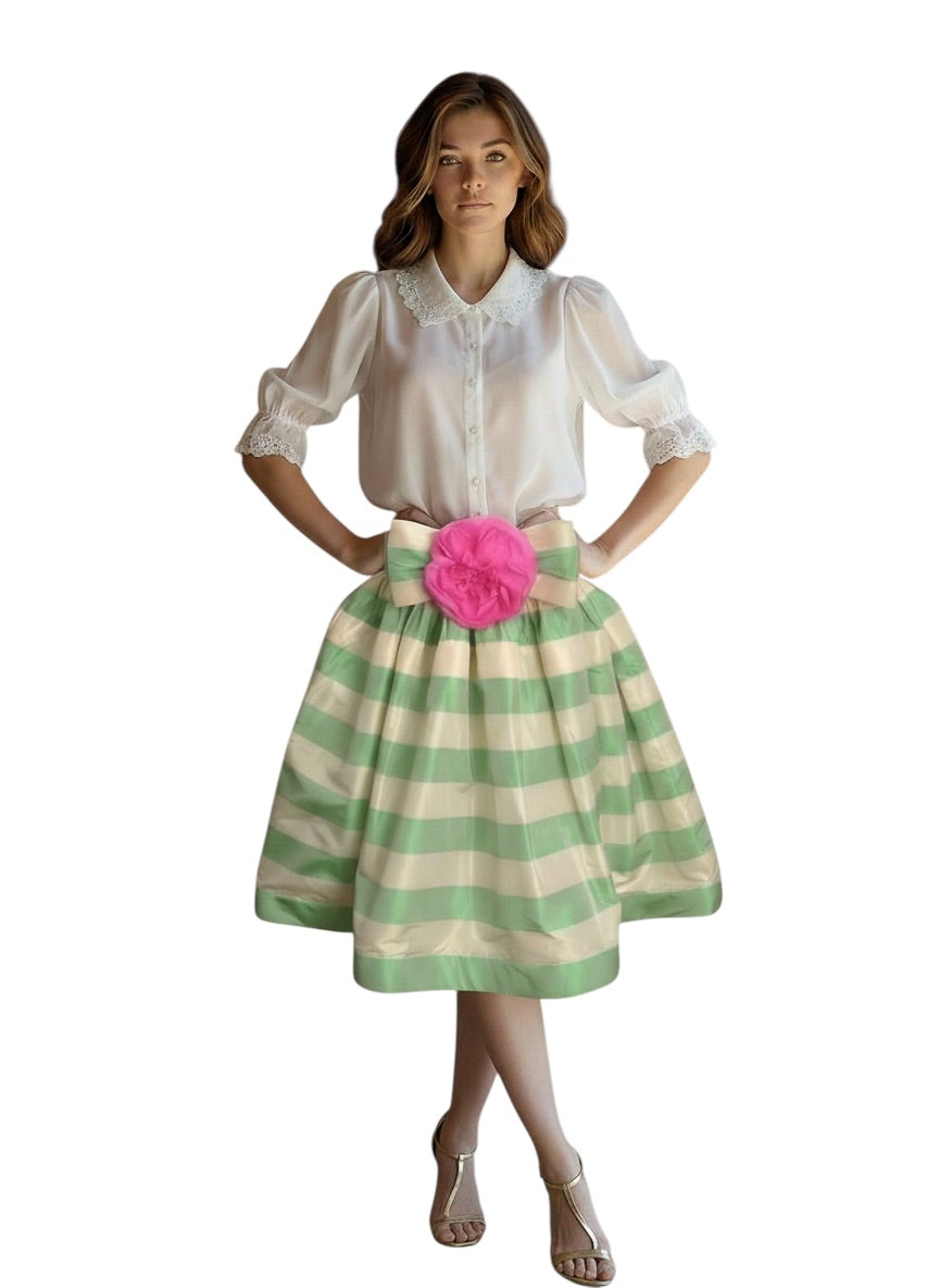 1992 Green & White Stripe Taffeta Skirt, Size 6