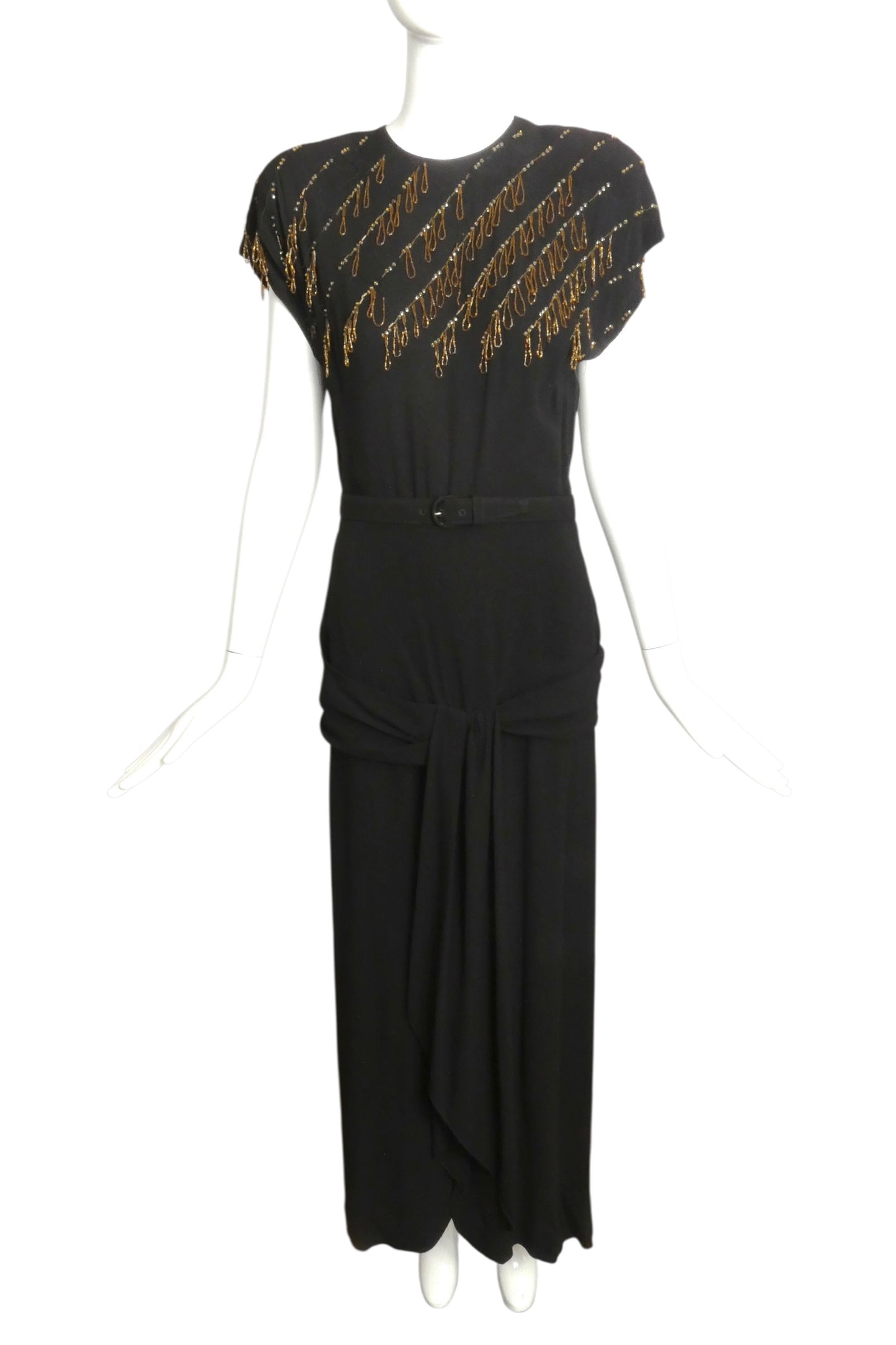 1940s AS IS Black Beaded Crepe Cocktail Gown, Size 4