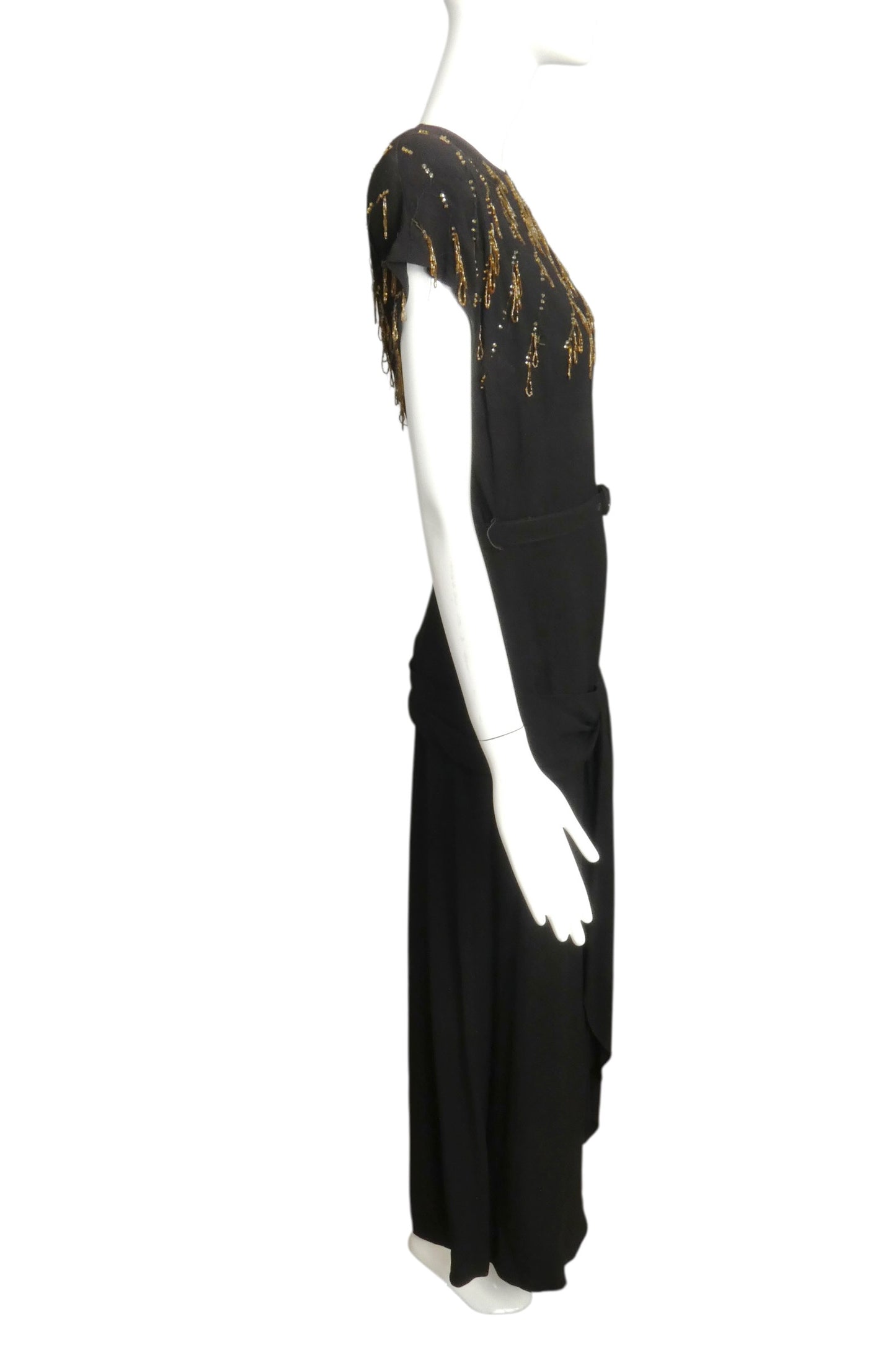 1940s AS IS Black Beaded Crepe Cocktail Gown, Size 4