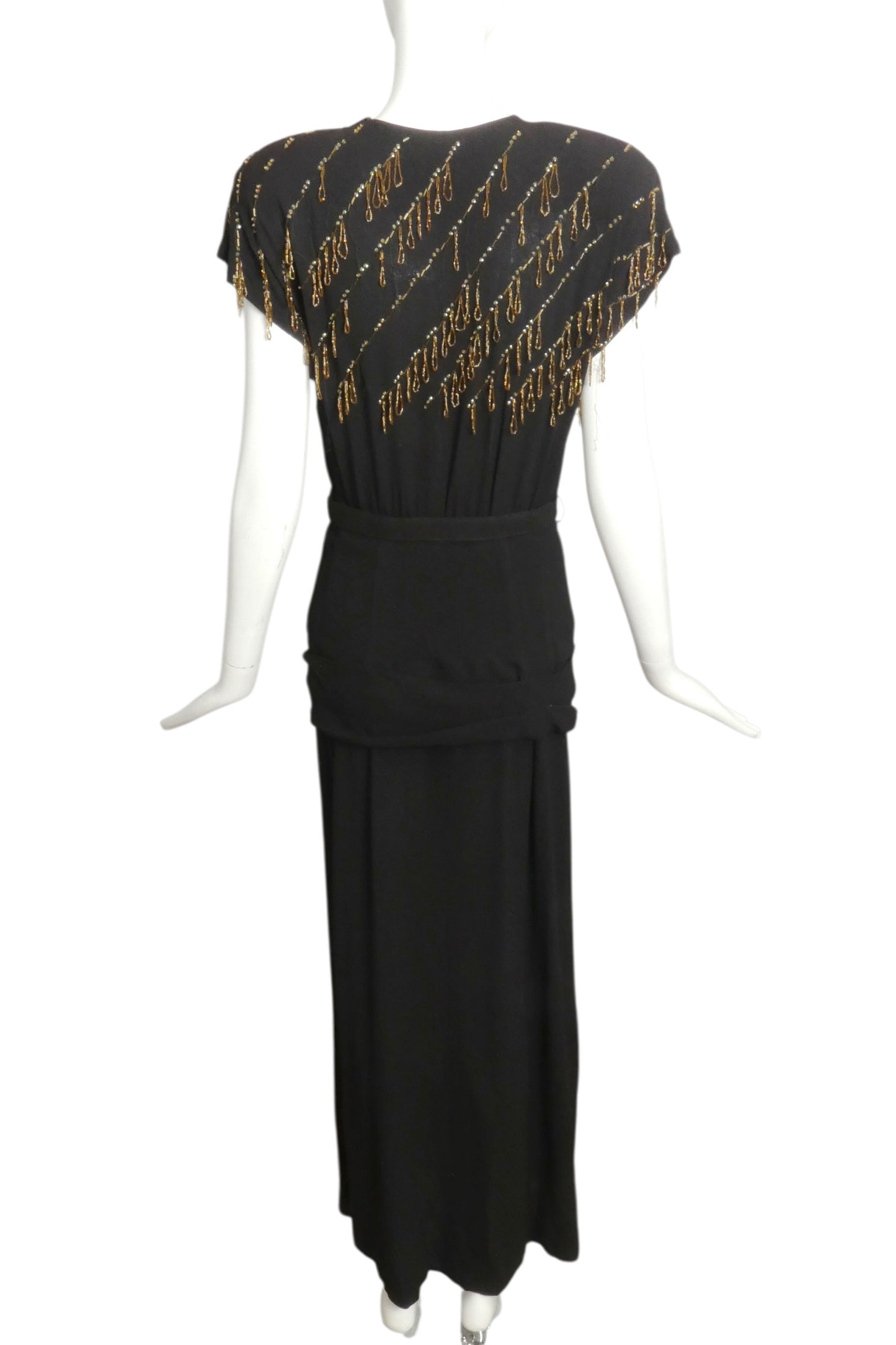 1940s AS IS Black Beaded Crepe Cocktail Gown, Size 4