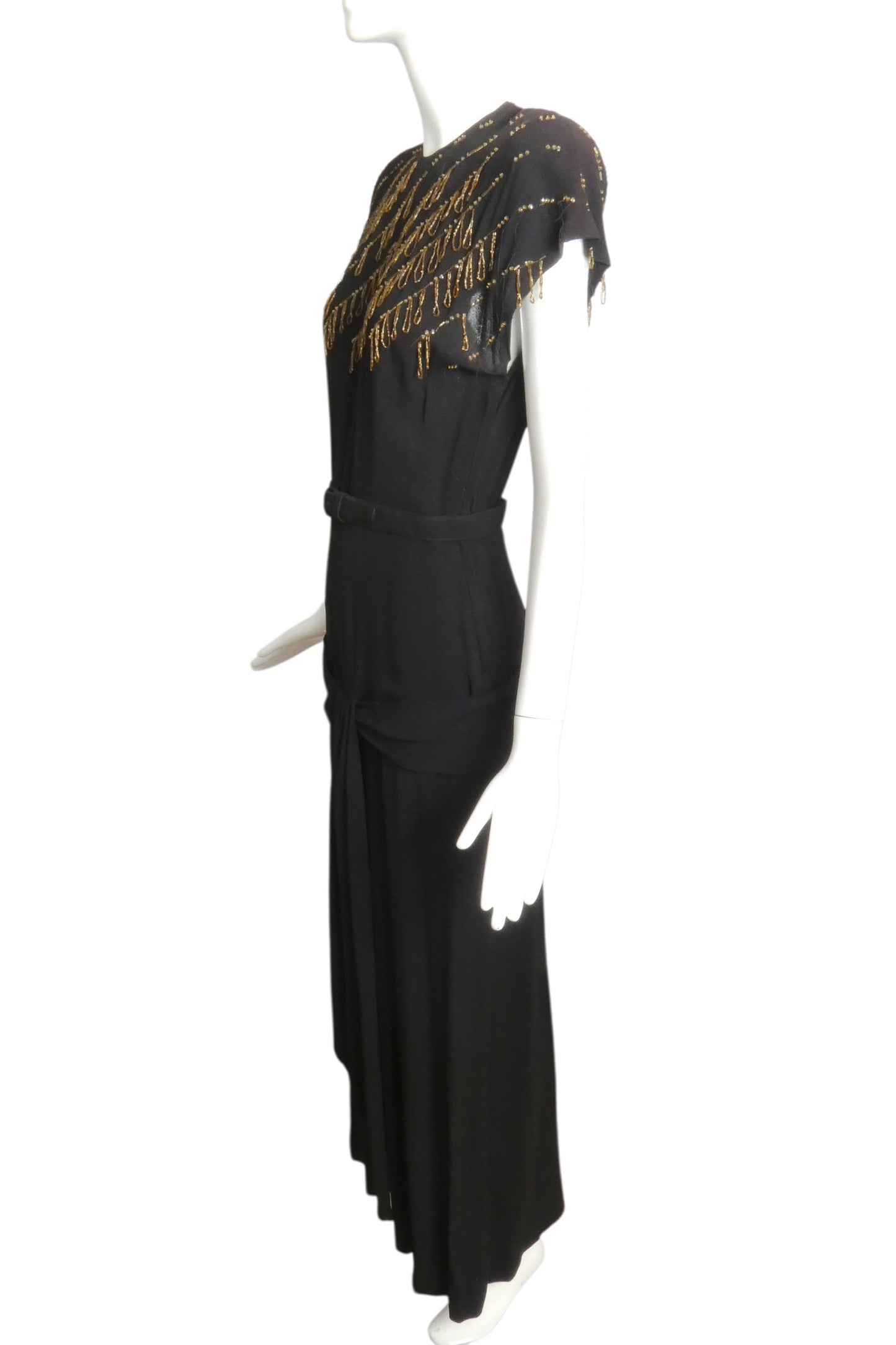 1940s AS IS Black Beaded Crepe Cocktail Gown, Size 4