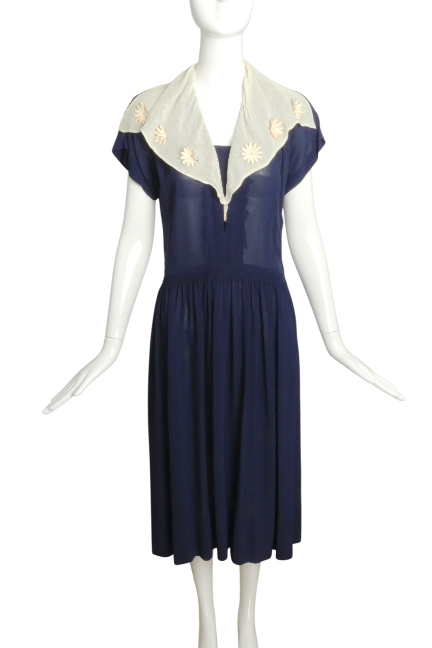 1940s Navy & Ivory Rayon Dress, Size 6