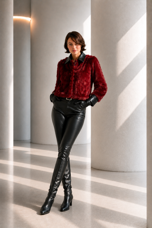 1970s Burgundy Fur & Leather Coat, Size 4