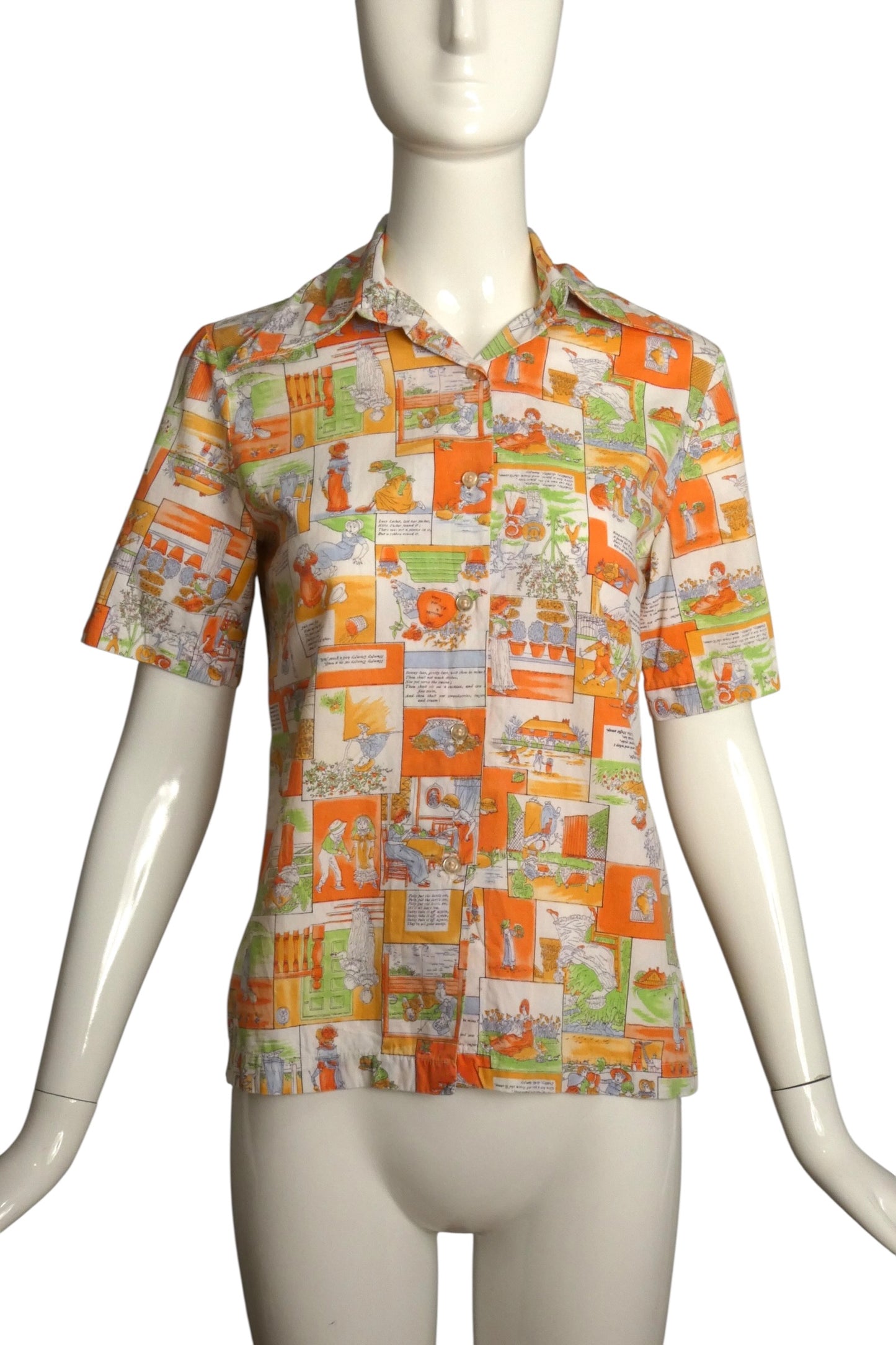 1970s Kate Greenaway Nursery Rhyme Print Blouse, Size-6