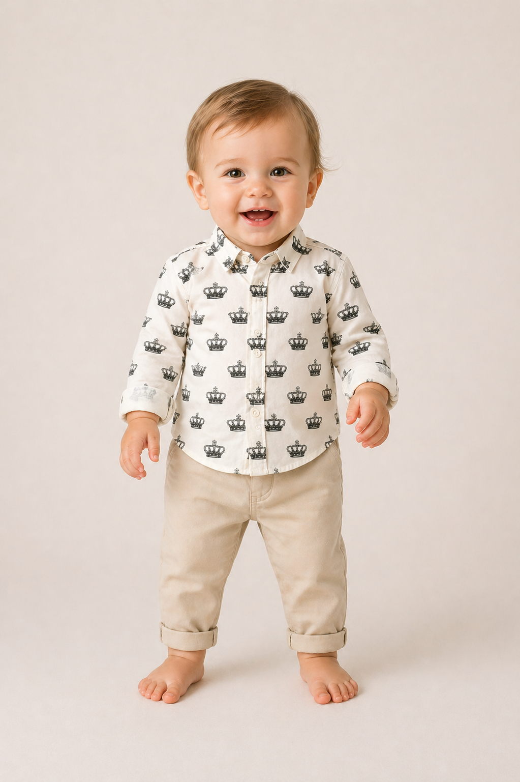 Cotton Crown Print Dress Shirt, Size-9 to 12 Months