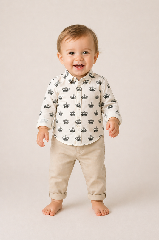 Cotton Crown Print Dress Shirt, Size-9 to 12 Months
