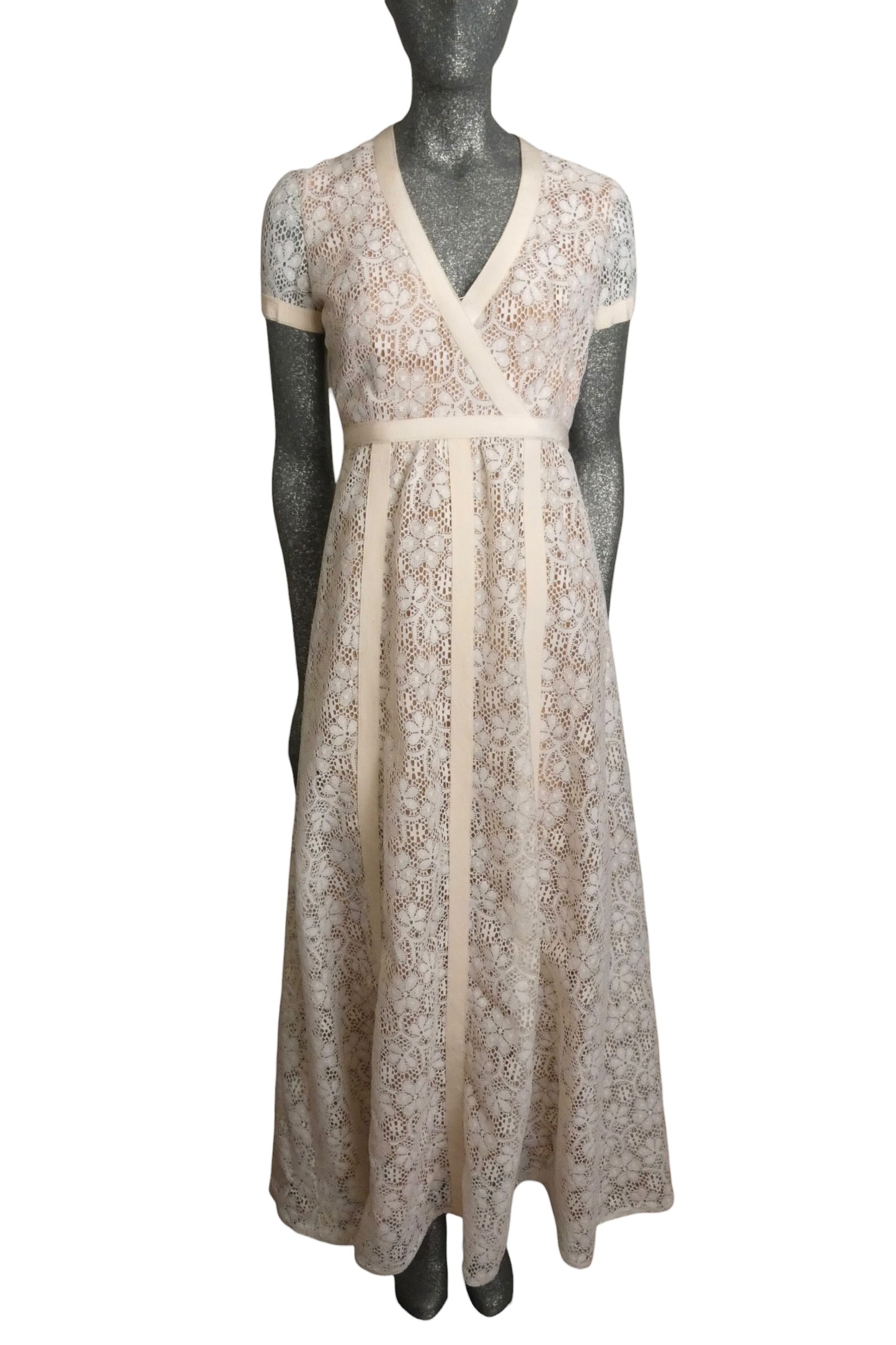 1970s White Cotton Lace Maxi Dress, Size-6