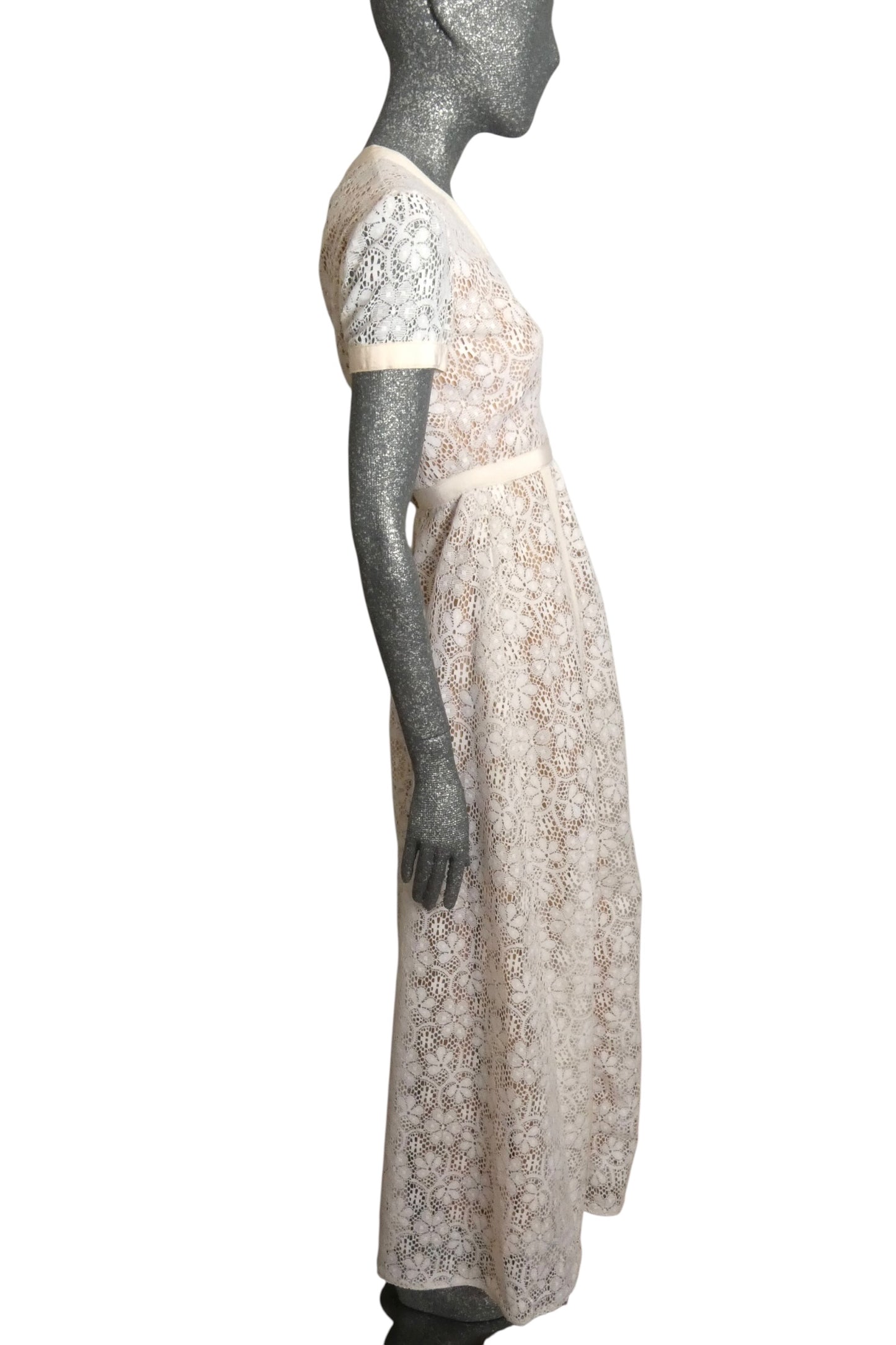 1970s White Cotton Lace Maxi Dress, Size-6