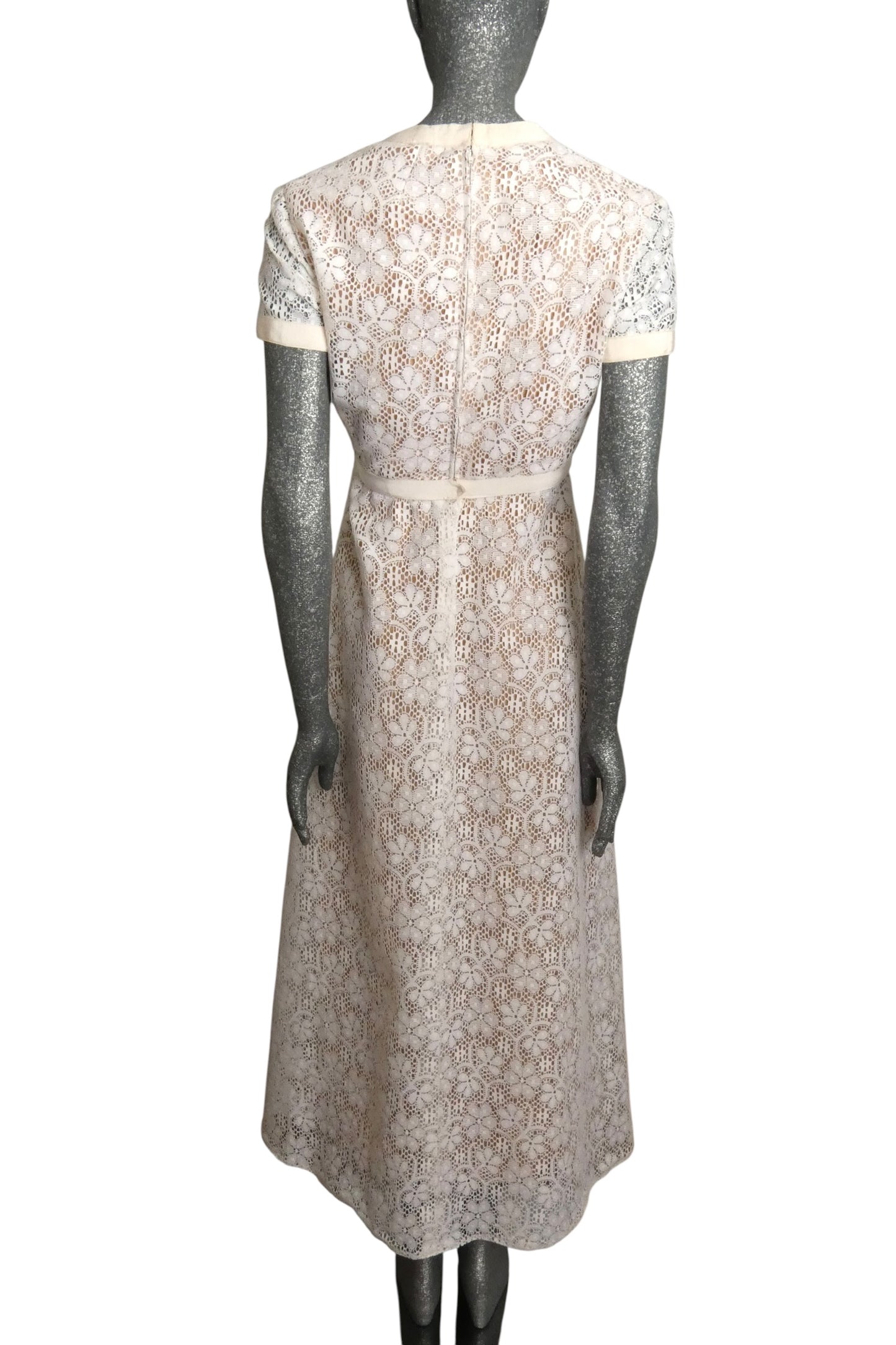 1970s White Cotton Lace Maxi Dress, Size-6