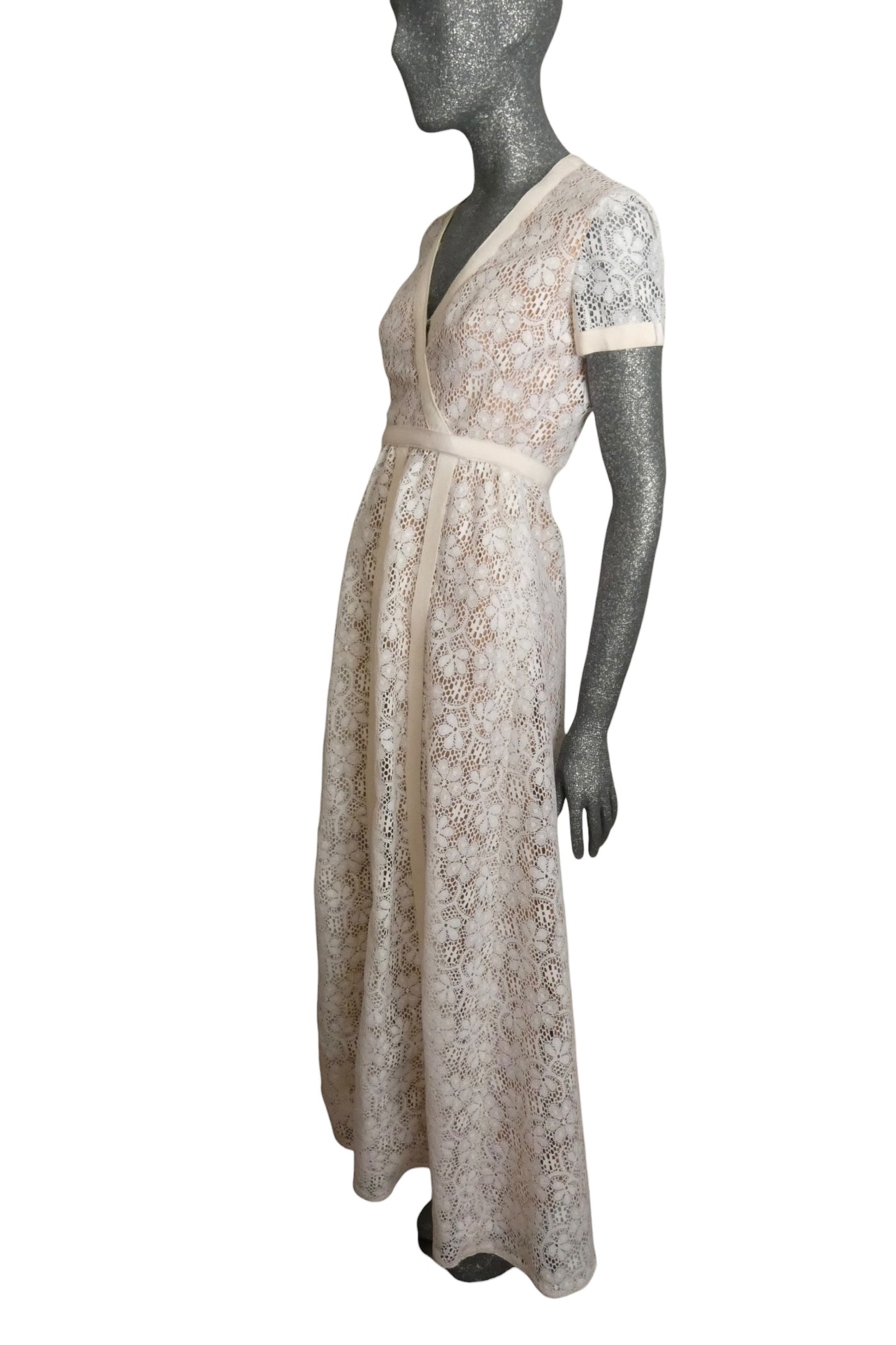 1970s White Cotton Lace Maxi Dress, Size-6