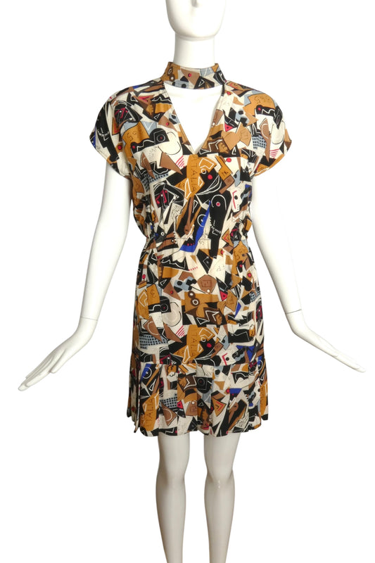 1980s Printed Silk Dress, Size 8