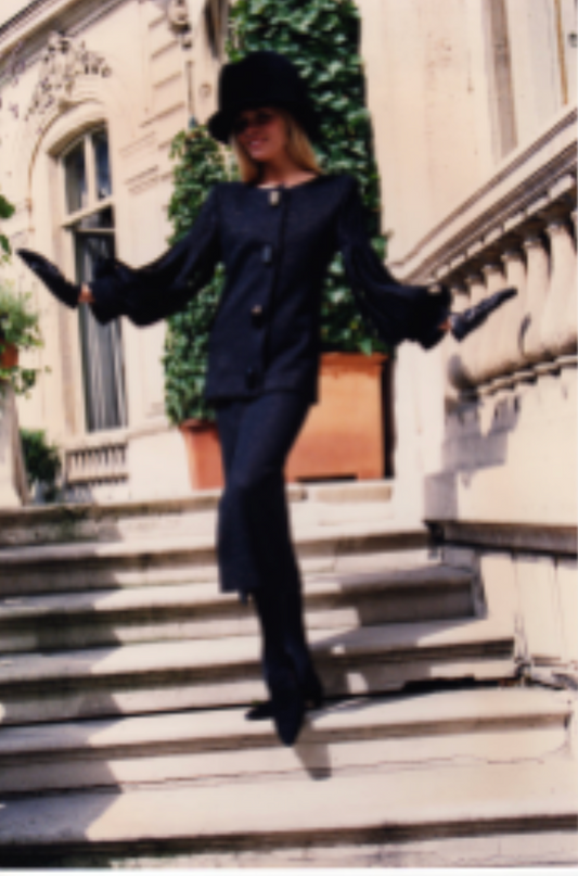 PIERRE CARDIN -  1993 Haute Couture Black Wool Sparkle Suit, Size-4
