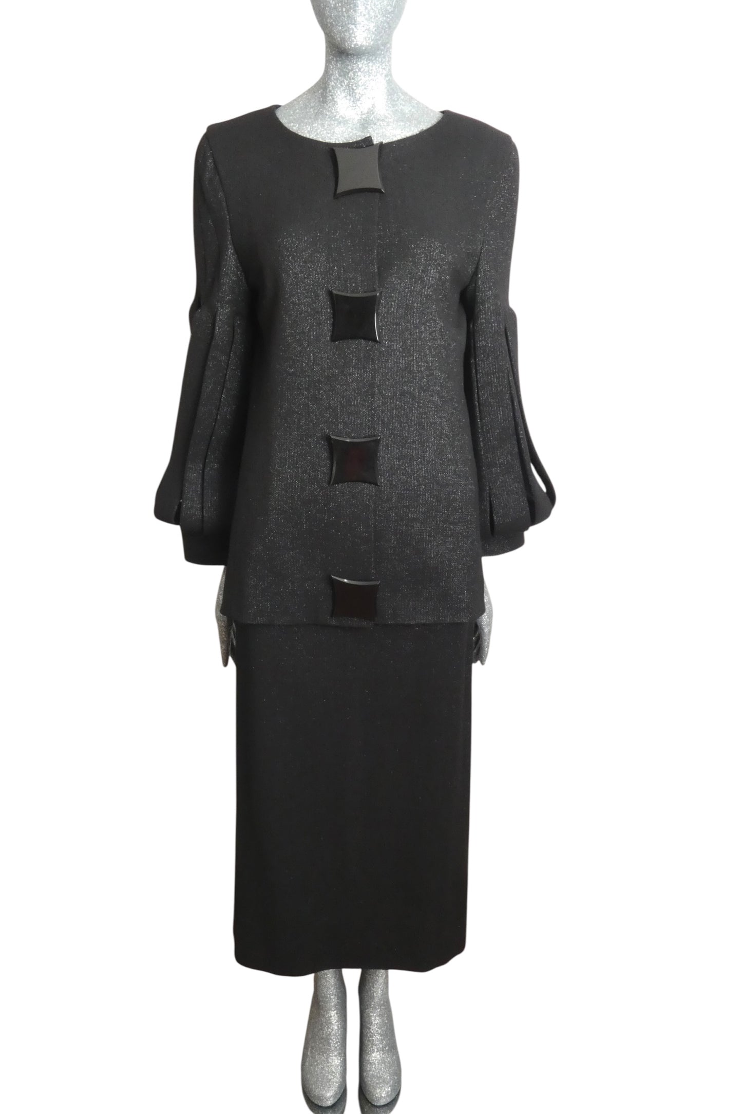 PIERRE CARDIN -  1993 Haute Couture Black Wool Sparkle Suit, Size-4