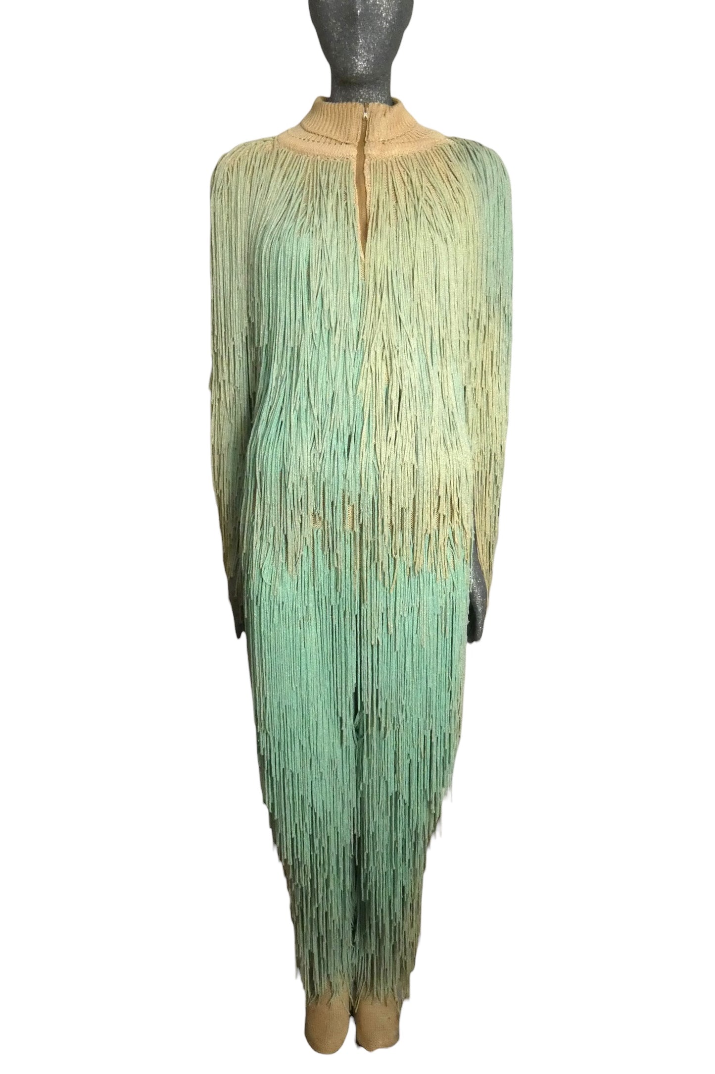 PIERRE CARDIN HAUTE COUTURE - 1973 Green Ombre Fringe Knit Ensemble, Size-4