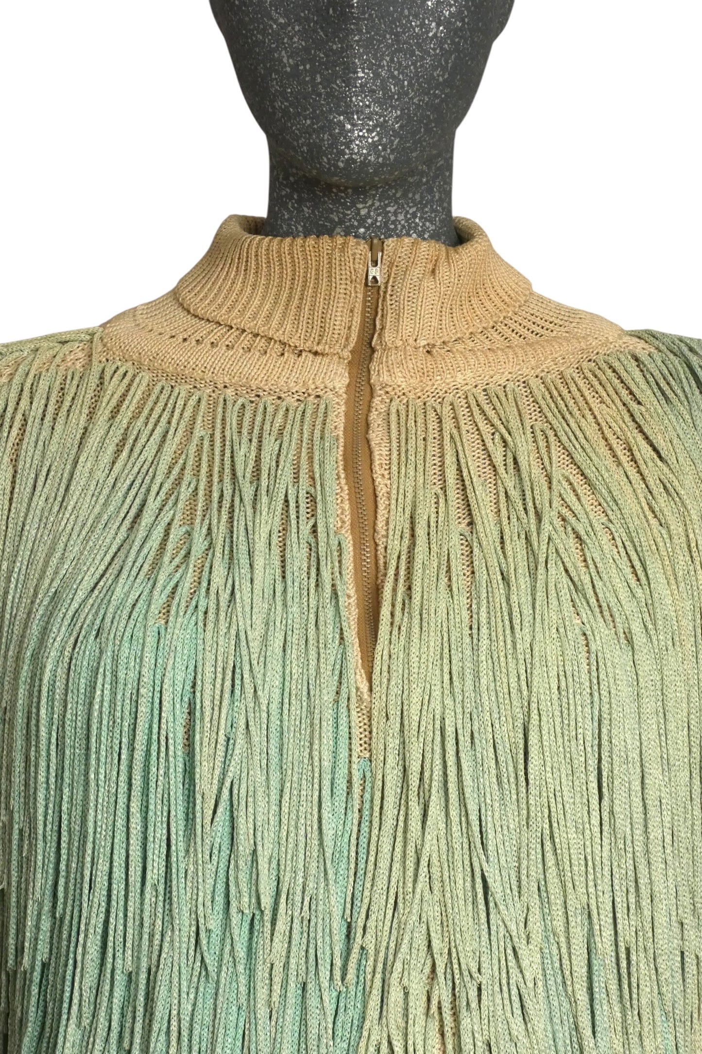 PIERRE CARDIN HAUTE COUTURE - 1973 Green Ombre Fringe Knit Ensemble, Size-4