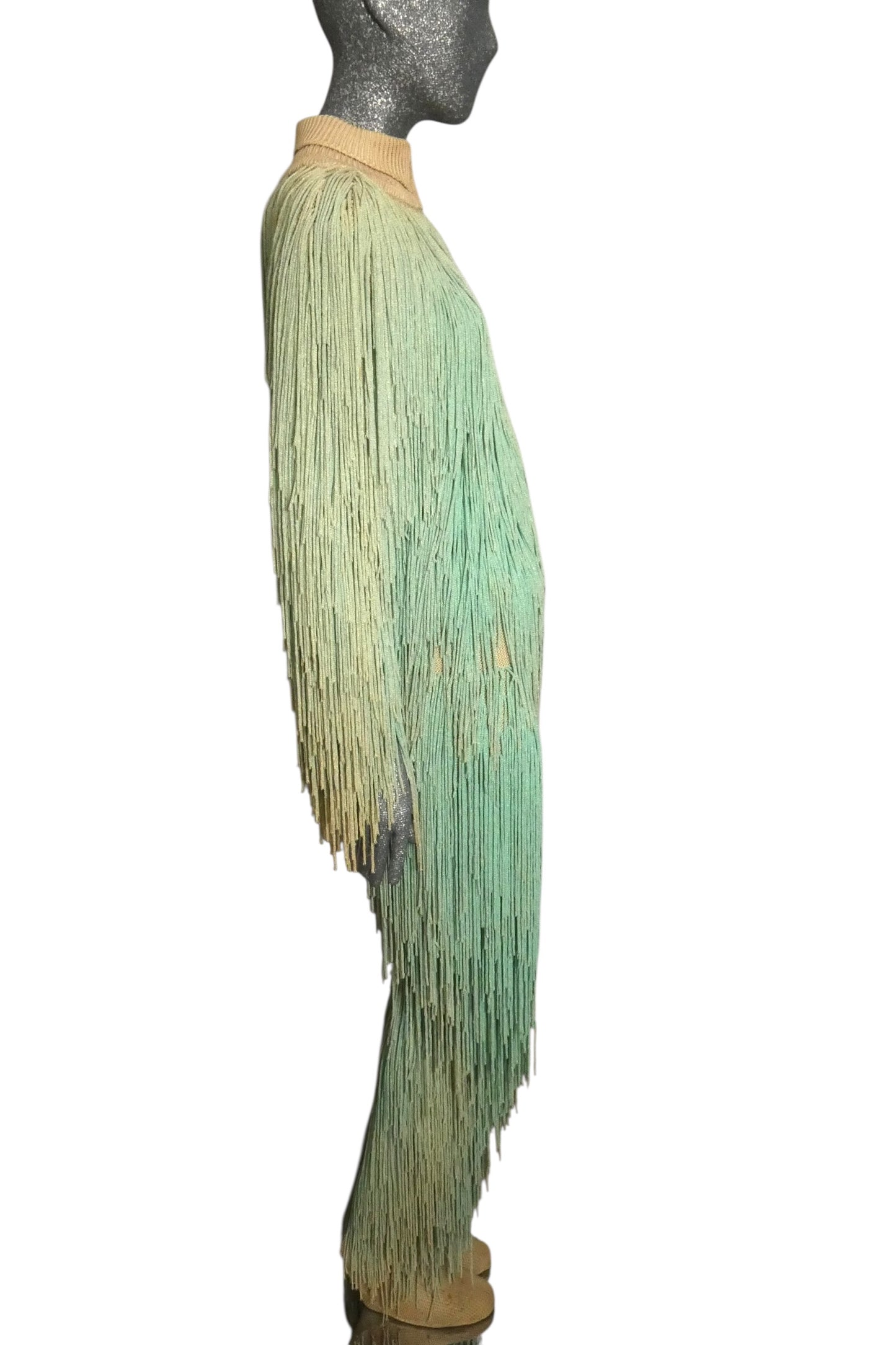 PIERRE CARDIN HAUTE COUTURE - 1973 Green Ombre Fringe Knit Ensemble, Size-4