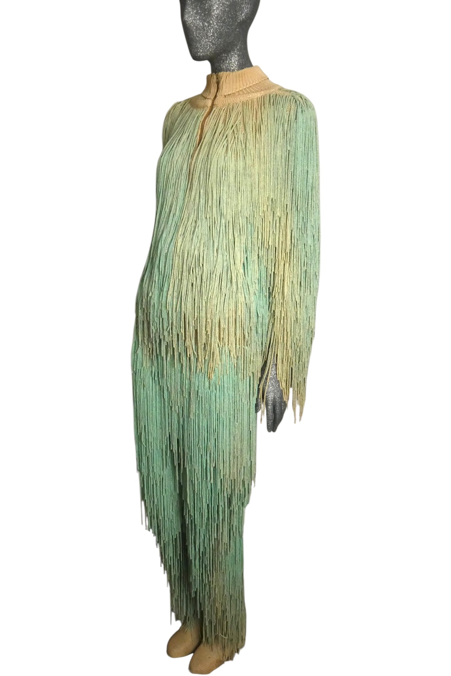 PIERRE CARDIN HAUTE COUTURE - 1973 Green Ombre Fringe Knit Ensemble, Size-4
