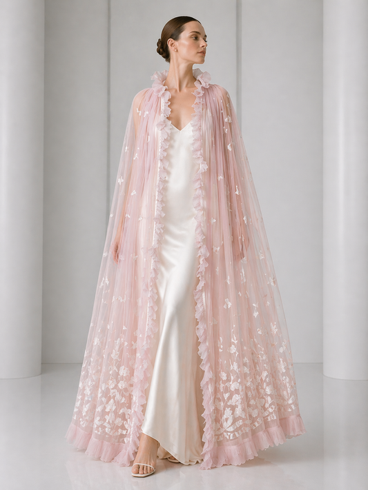 1980 Haute Couture Pink Embroidered Tulle Cape, Size-S/M