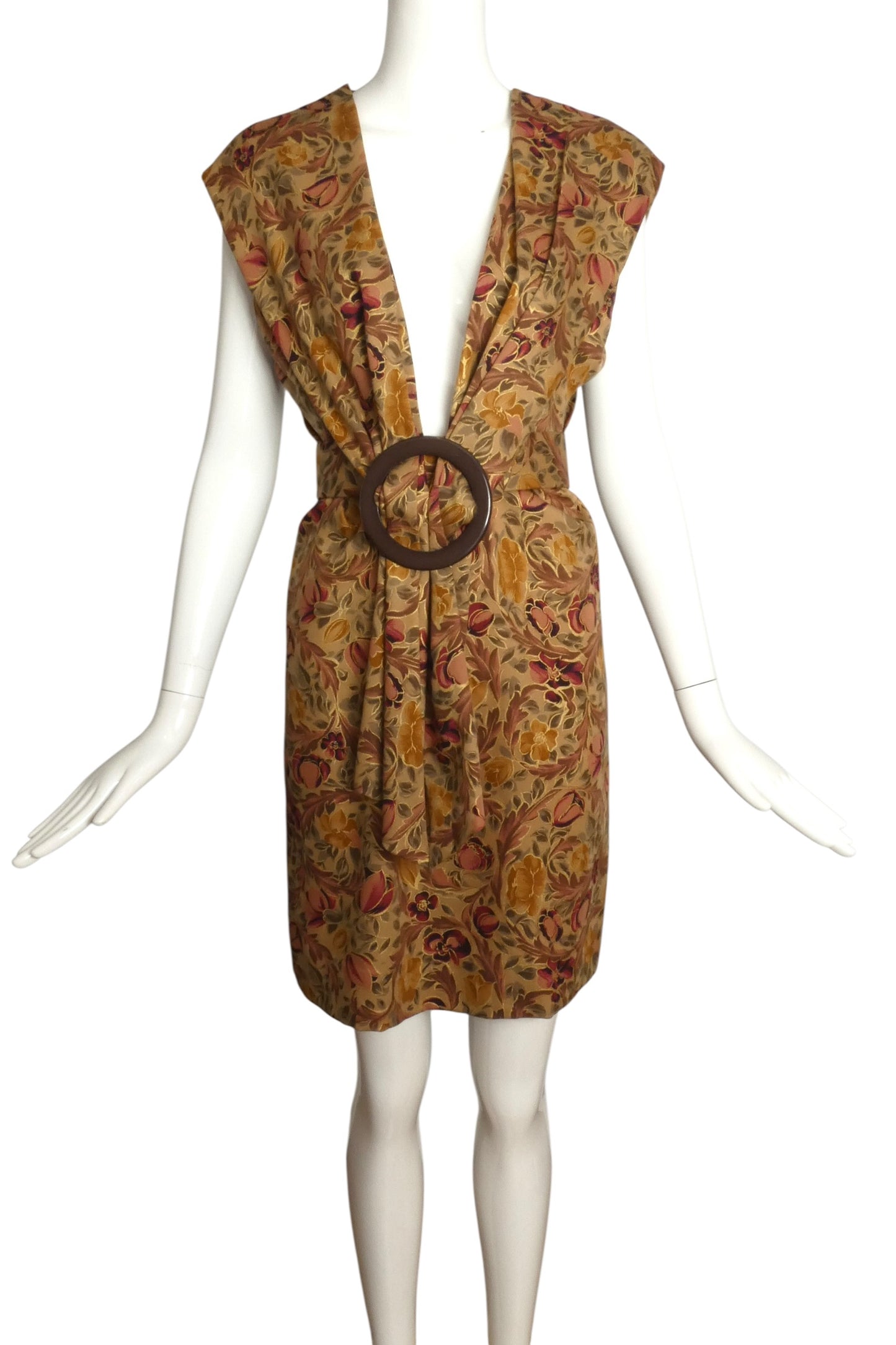1990 Haute Couture Brown Floral Wool Dress, Size 8
