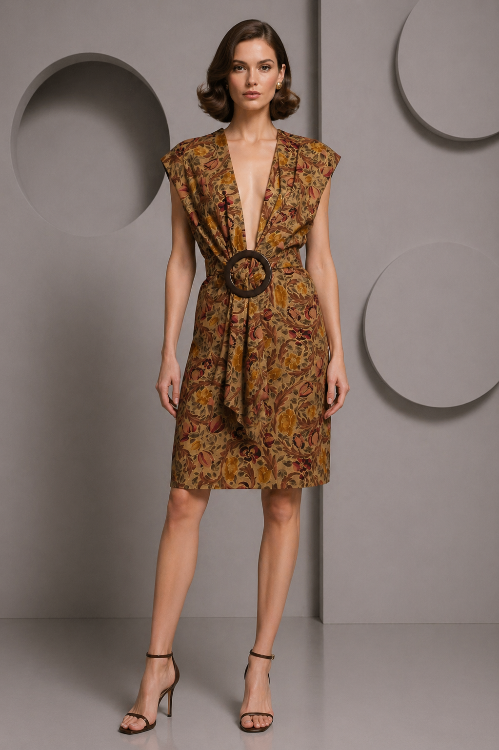 1990 Haute Couture Brown Floral Wool Dress, Size 8