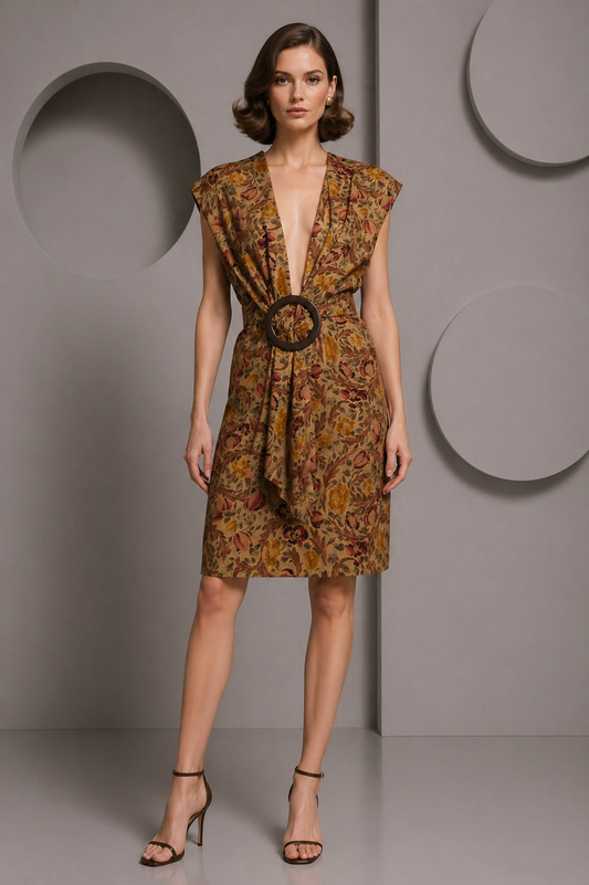 1990 Haute Couture Brown Floral Wool Dress, Size 8
