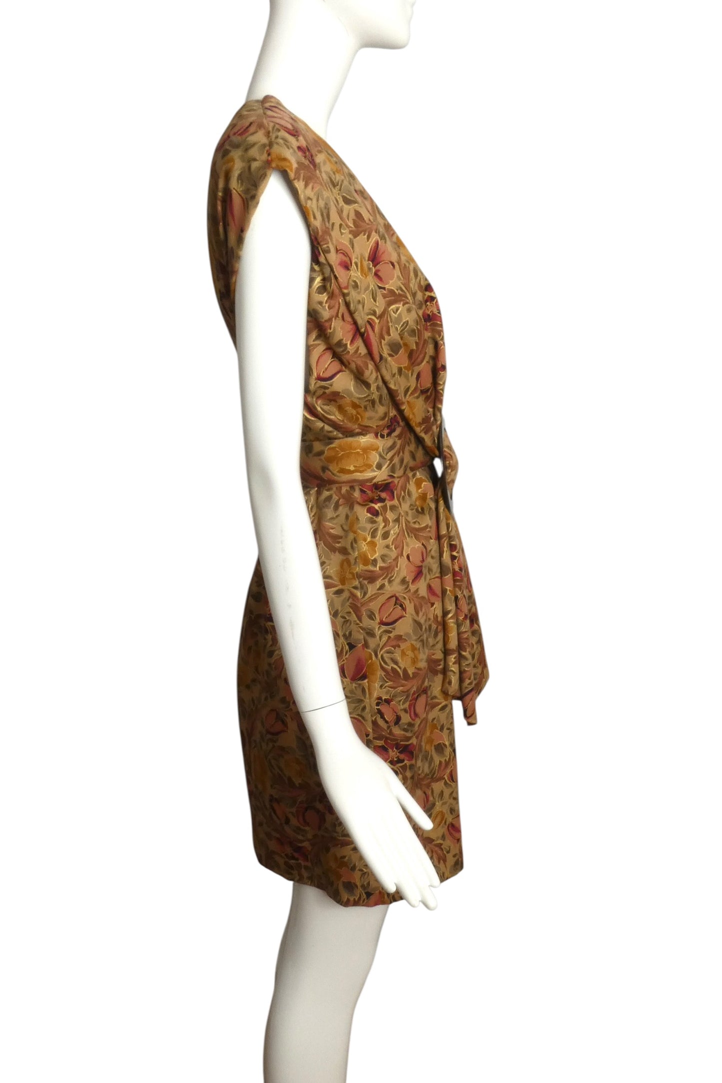 1990 Haute Couture Brown Floral Wool Dress, Size 8