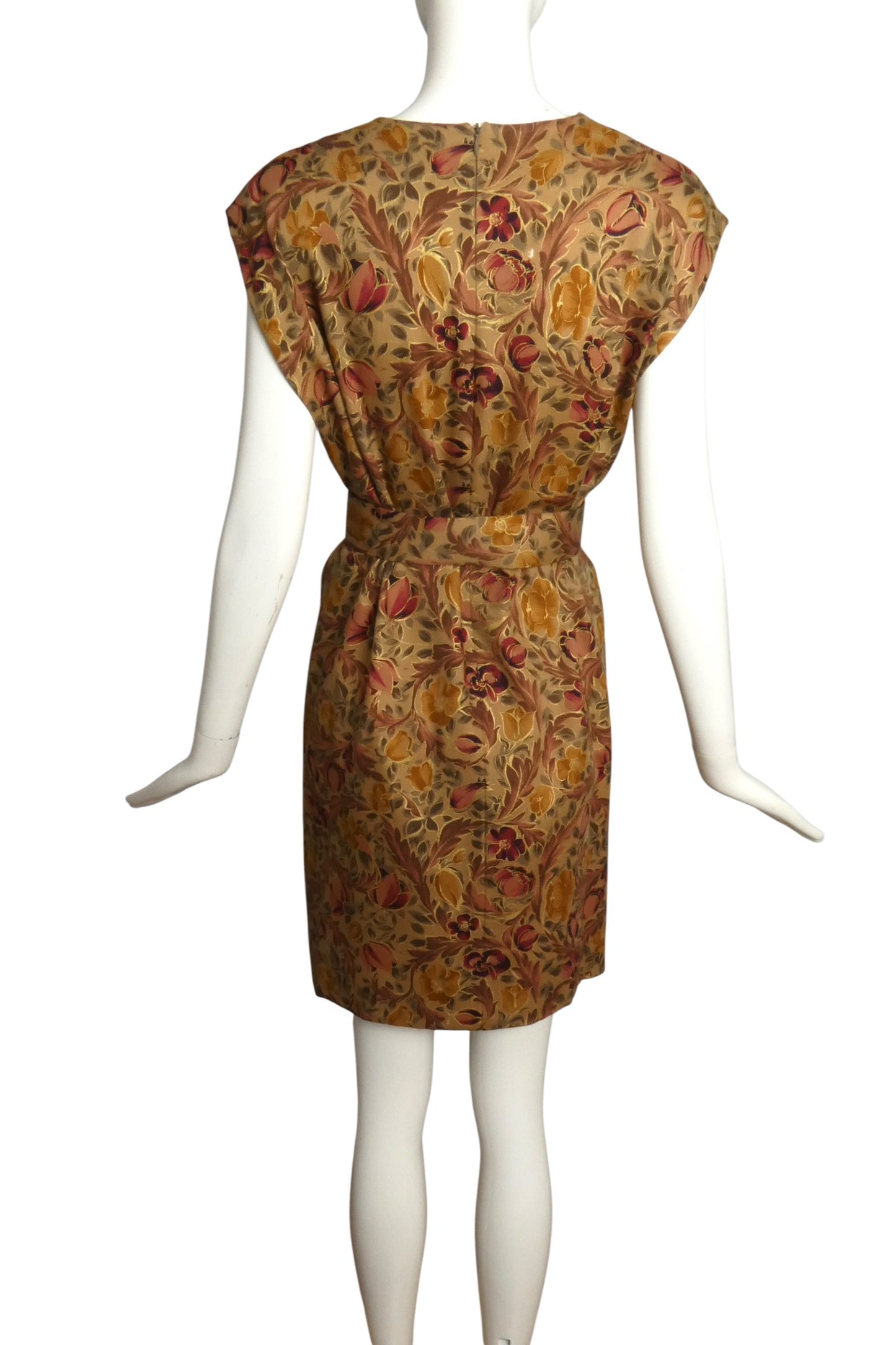 1990 Haute Couture Brown Floral Wool Dress, Size 8