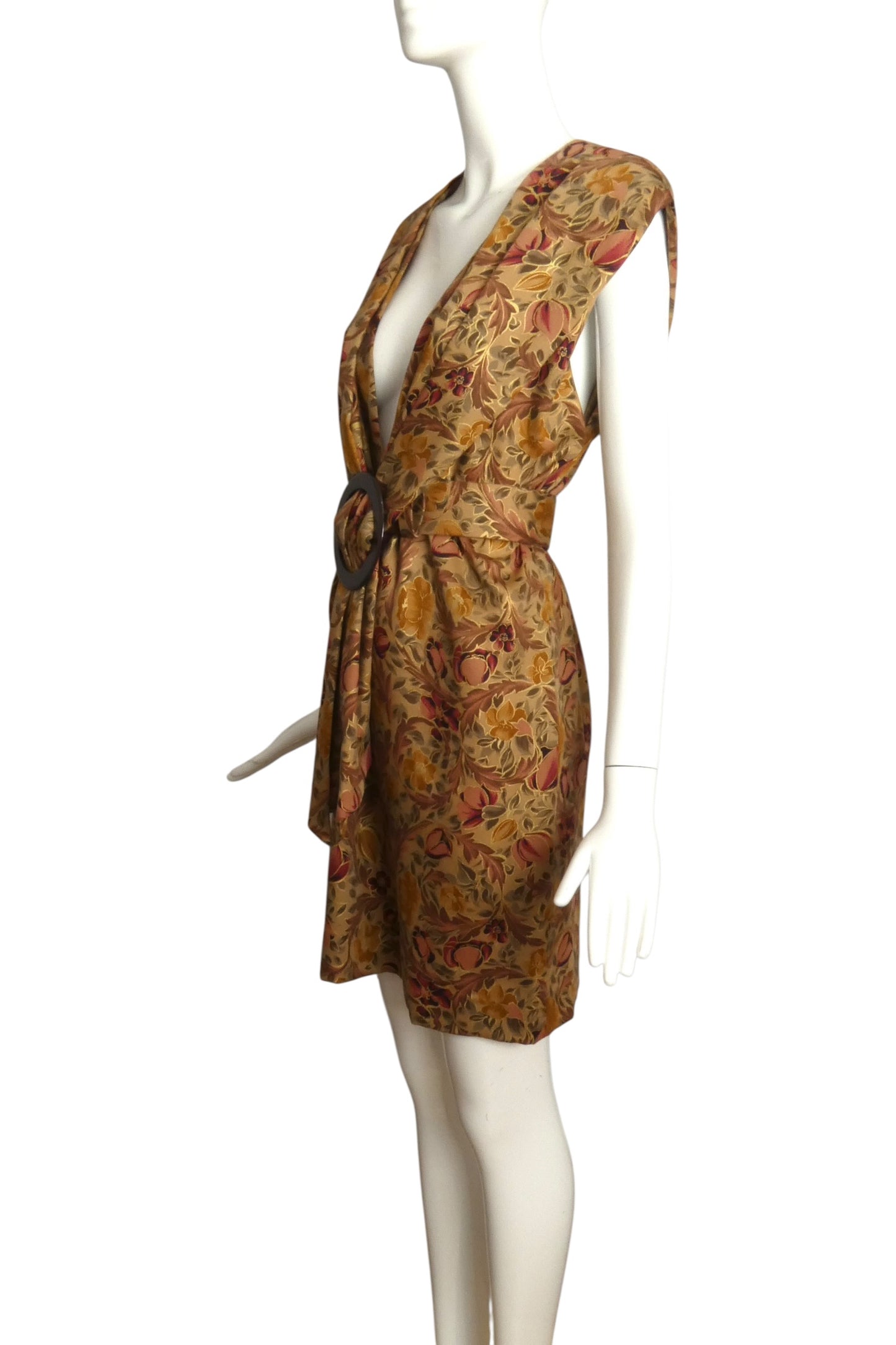 1990 Haute Couture Brown Floral Wool Dress, Size 8
