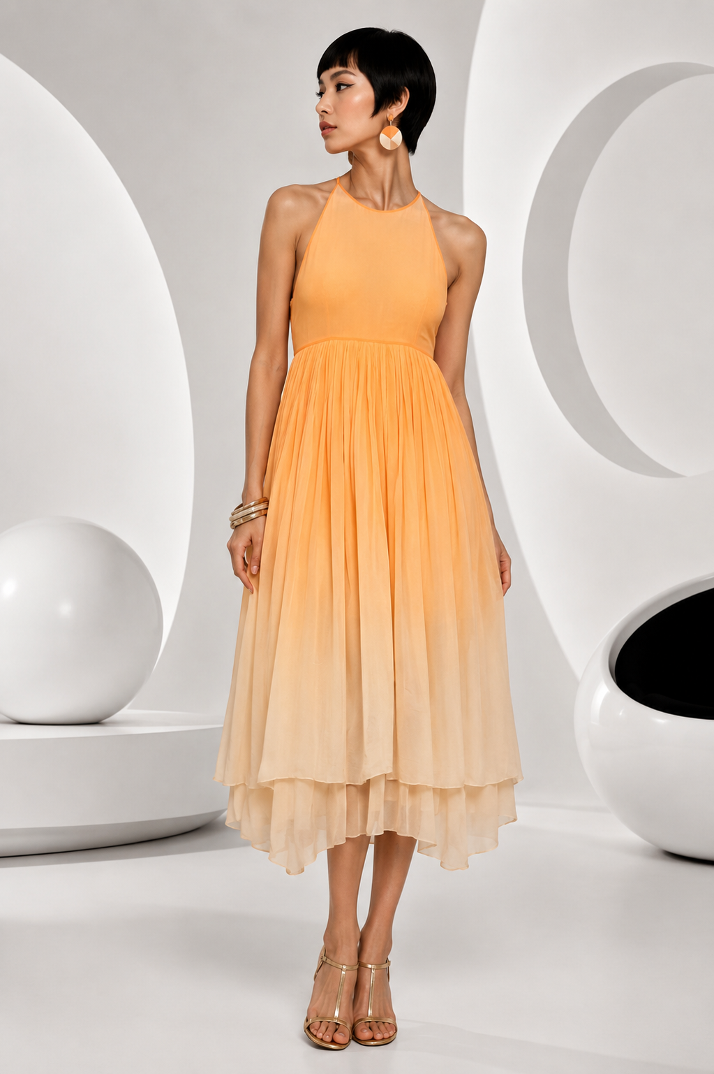 PIERRE CARDIN -  1995 Orange Ombre Chiffon Dress, Size-2