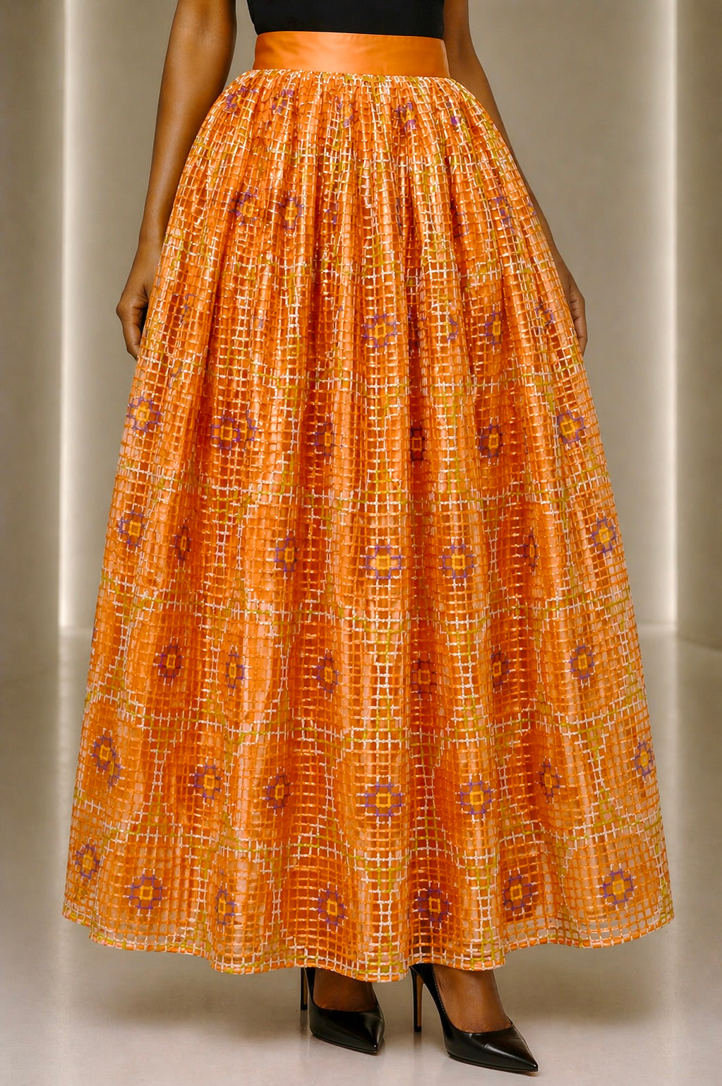 2000 Orange Painted Raffia Ballgown Skirt, Size 4