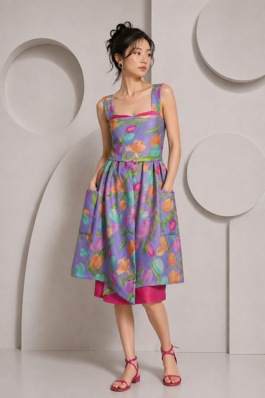 1989 Haute Couture Floral Print Gazar Dress, Size 6