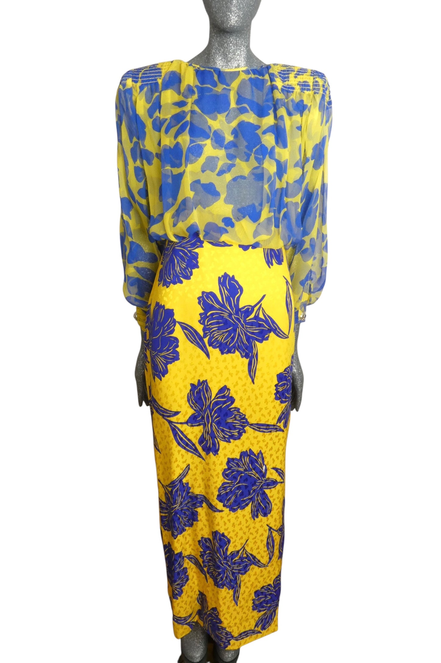 1980s Silk Jacquard & Chiffon Gown, Size 6