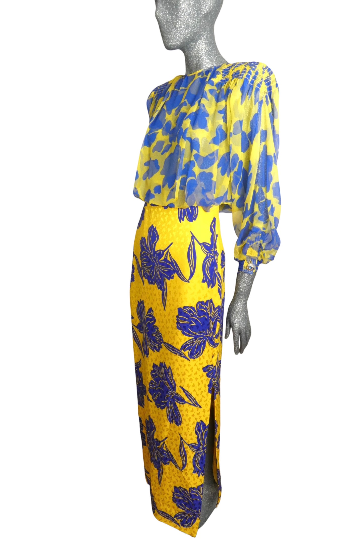 1980s Silk Jacquard & Chiffon Gown, Size 6