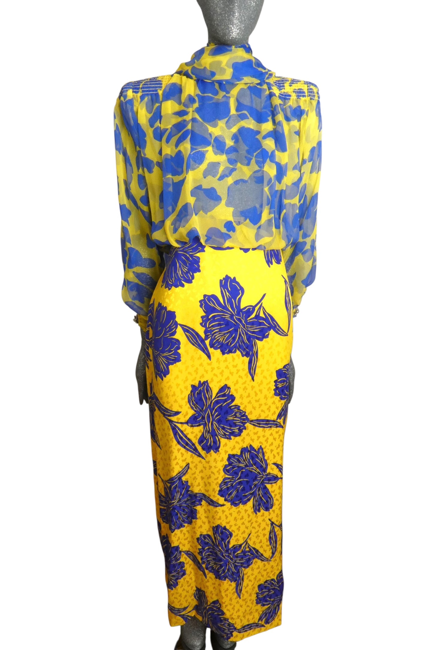 1980s Silk Jacquard & Chiffon Gown, Size 6