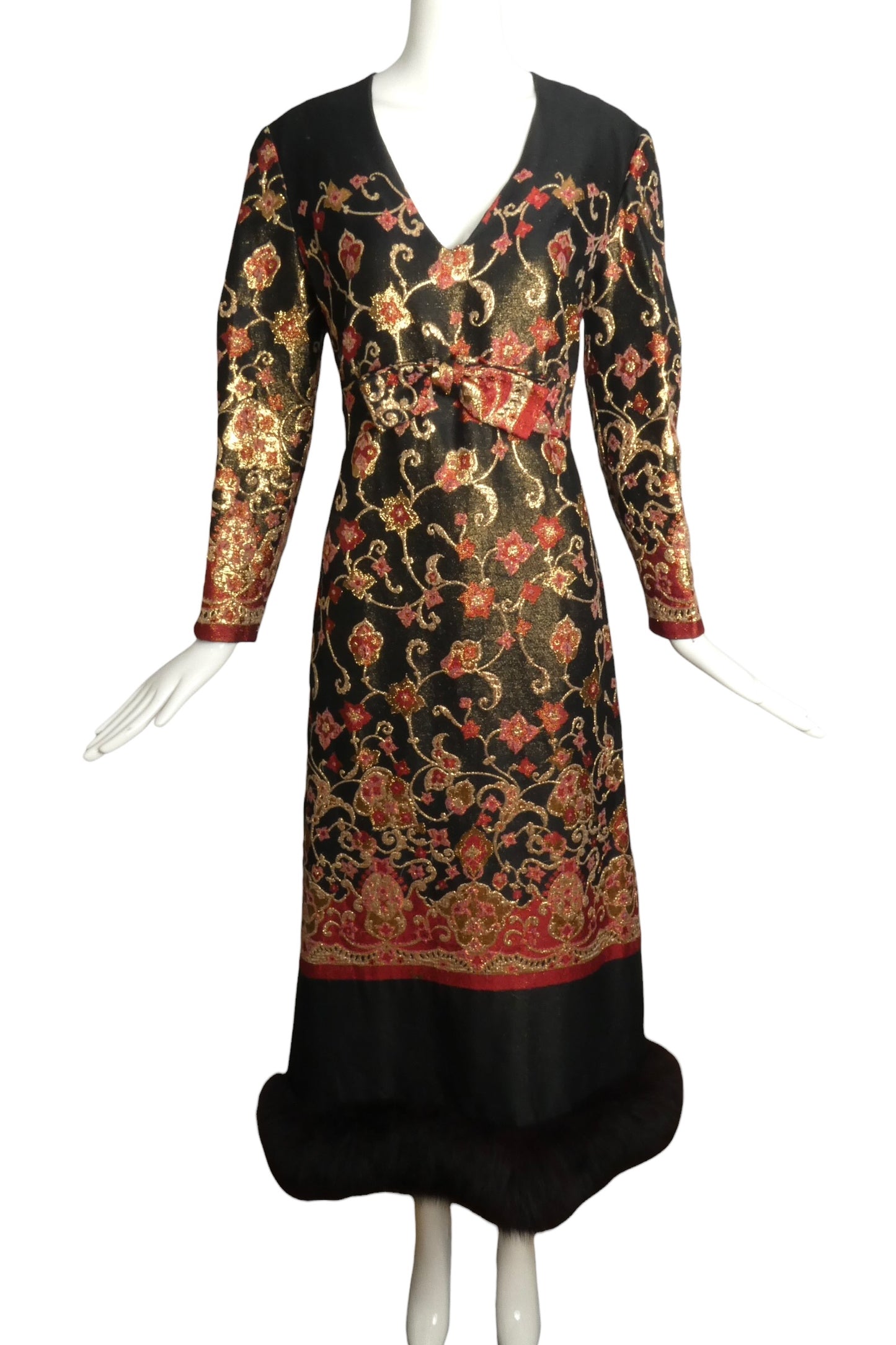 1970 Brocade & Fox Fur Evening Gown, Size-10