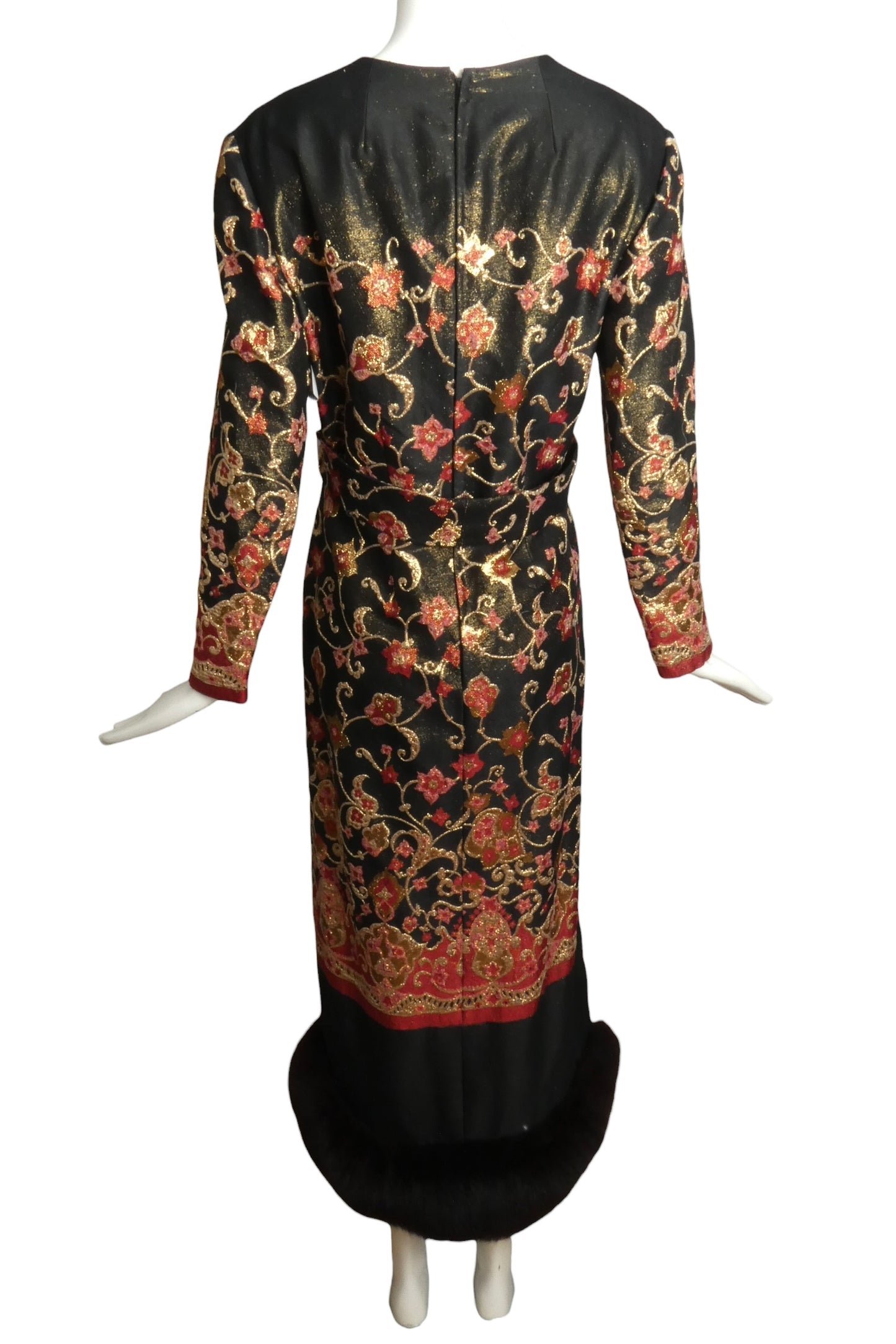 1970 Brocade & Fox Fur Evening Gown, Size-10